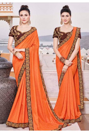 Orange silk embroidered festival wear saree 35864