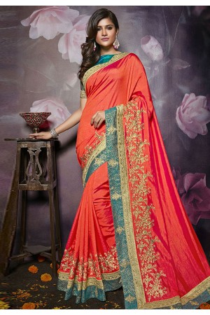 Orange silk embroidered festival wear saree 810