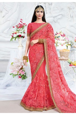 Pink net embroidered festival wear saree 2799