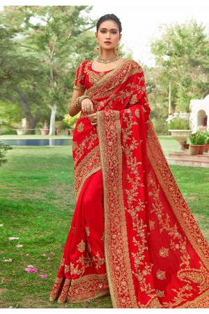 Red art silk embroidered saree with blouse 3024