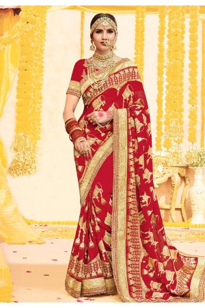 Red georgette embroidered bridal wear saree 2773
