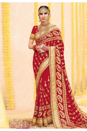 Red georgette stone work bridal wear saree 2772