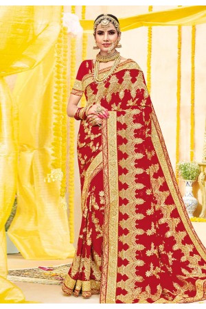 Red georgette stone work bridal wear saree 2774