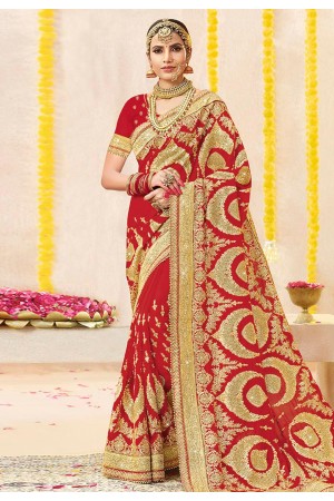 Red georgette stone work bridal wear saree 2776