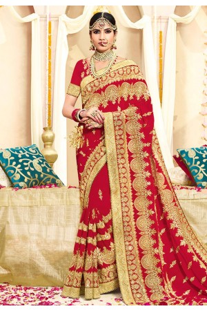 Red georgette stone work bridal wear saree 2774