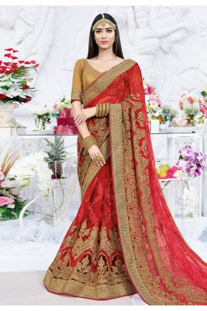 Red net embroidered festival wear saree 2795