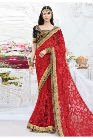 Red net embroidered saree with blouse 2791