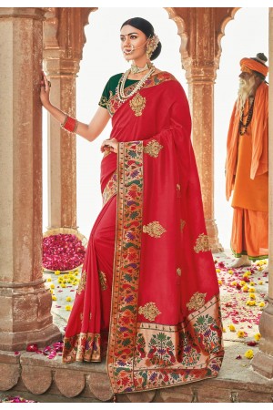 Red silk embroidered festival wear saree 1019