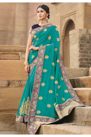 Sea green cotton embroidered festival wear saree 1023A