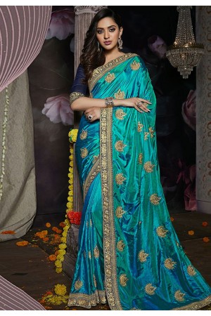 Turquoise blue silk embroidered saree with blouse 811