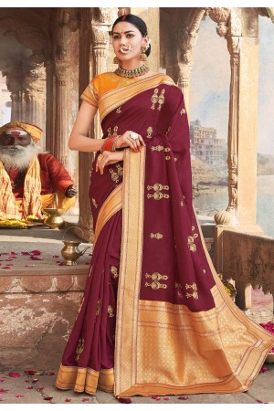 Wine cotton embroidered saree with blouse 1021A