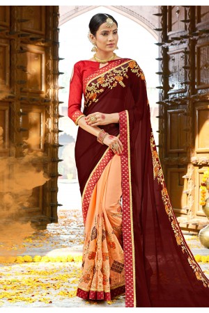 Wine georgette embroidered half and half saree 3974