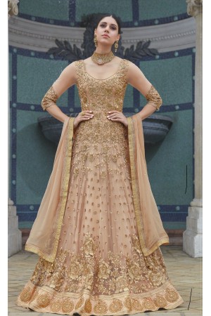 Beige color net party wear anarkali