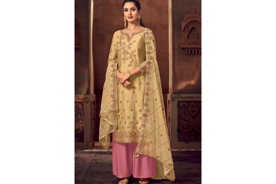 Art Silk Pretty Blue Embroidered Palazzo Style Suit