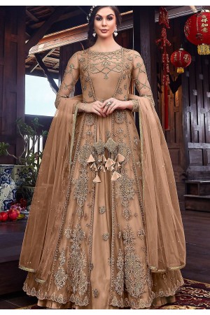 beige net embroidered floor length jacket style anarkali suit 6102a