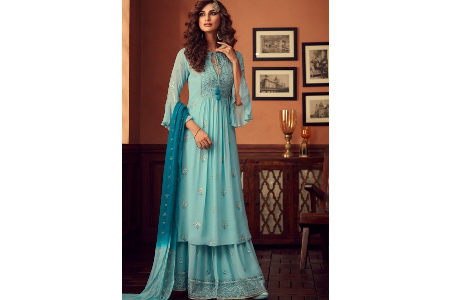 Traditional Wedding Blue Georgette Palazzo Salwar Kurta