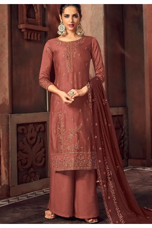 brown art silk embroidered straight palazzo suit 3103