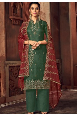 green art silk embroidered straight palazzo suit 3101