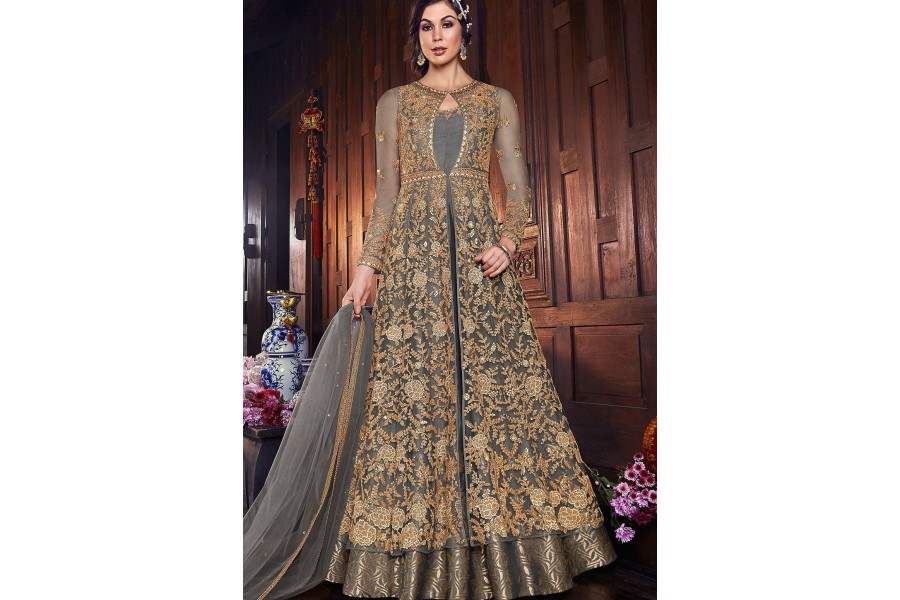Grey Sequins Embroidered Net Anarkali Suit