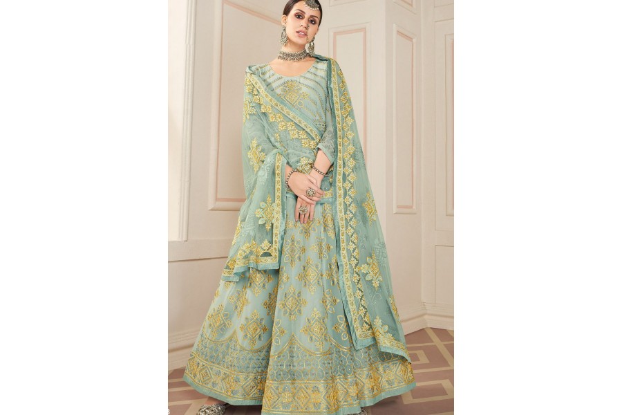 Mint Blue Lucknowi Style Georgette Anarkali Suit main image 1