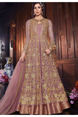 mauve net silk embroidered floor length anarkali suit 6107c