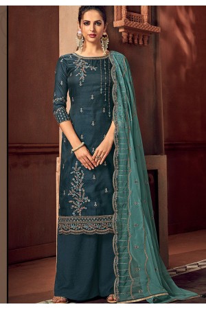 navy blue art silk embroidered straight palazzo suit 3105