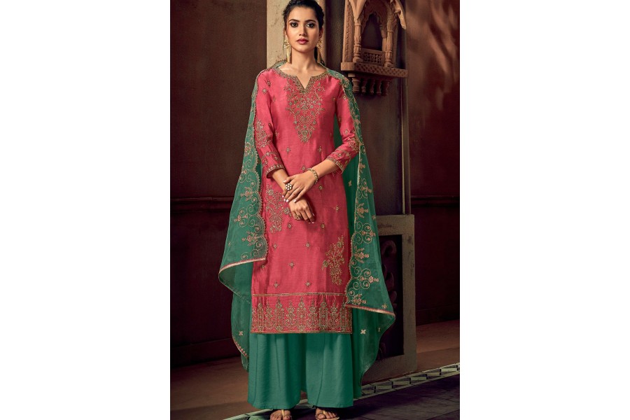 Pink Embroidered Premium Silk Palazzo Suit with Green Dupatta