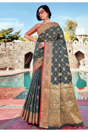 Grey banarasi silk festival wear saree 144471