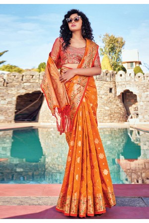 Orange banarasi silk festival wear saree 144469
