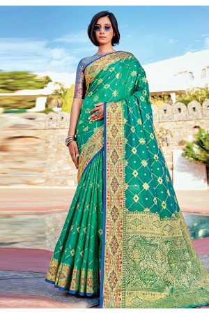 Sea green banarasi silk saree with blouse 144468