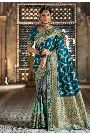 Teal banarasi silk half n half saree 5204