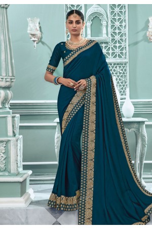 Teal silk festival wear saree 3502