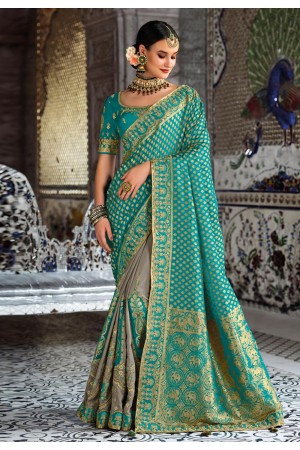 Turquoise banarasi silk saree with blouse 5209