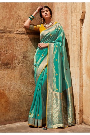 Turquoise silk saree with blouse 1425