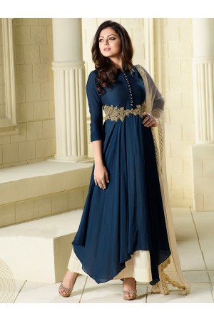 Drashti Dhami navy blue color viscous satin party wear kameez