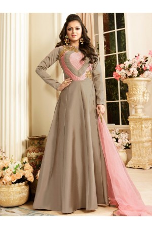 Drashti Dhami beige color tapetta silk party wear anarkali kameez