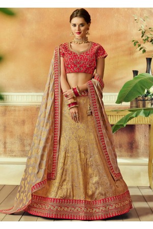 Beige goldJacquard silk Indian wedding lehenga choli 7818