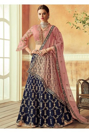 Blue and pink tafetta silk Indian wedding lehenga choli 7817