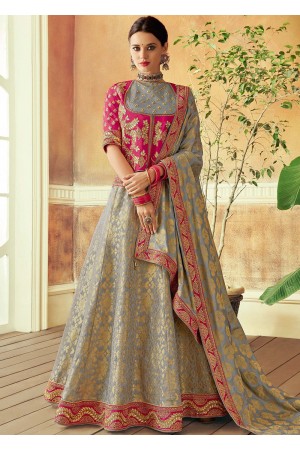 Grey and pink brocade silk Indian wedding lehenga choli 7806