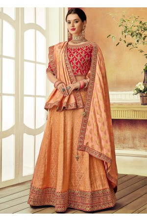 Peach brocade silk Indian wedding lehenga choli 7810