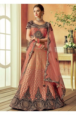 Peach weaved silk Indian wedding lehenga choli 7808