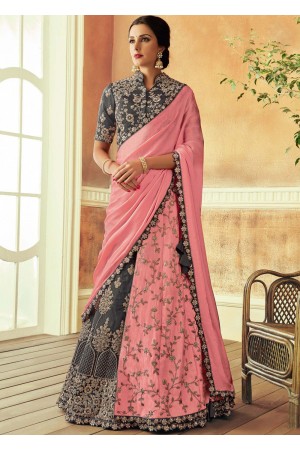 Pink and grey color tafetta silk Indian wedding lehenga choli 7804