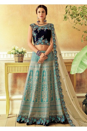 Sky blue Jacquard silk Indian wedding lehenga choli 7815