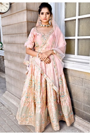 baby pink satin embroidered a line lehenga choli 9999