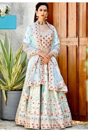 blue satin embroidered a line lehenga choli 9996