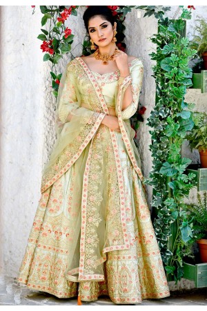 olive green satin embroidered a line lehenga choli 9990