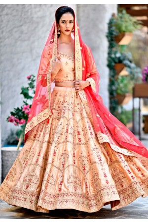 peach satin embroidered a line lehenga choli 9993