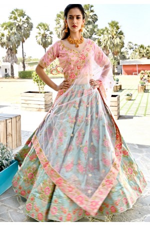 pink blue satin embroidered a line lehenga choli 9998