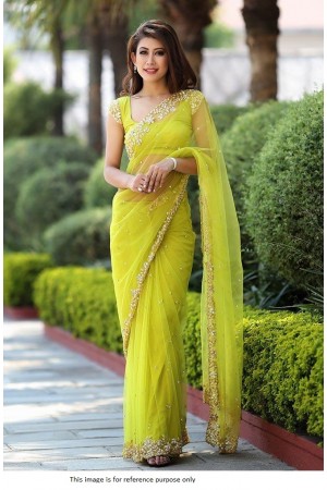 Buy Bollywood Model Parrot green net party saree in UK USA and Canada