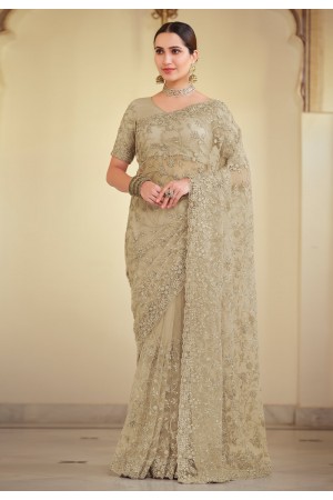 Beige net saree with blouse 7504